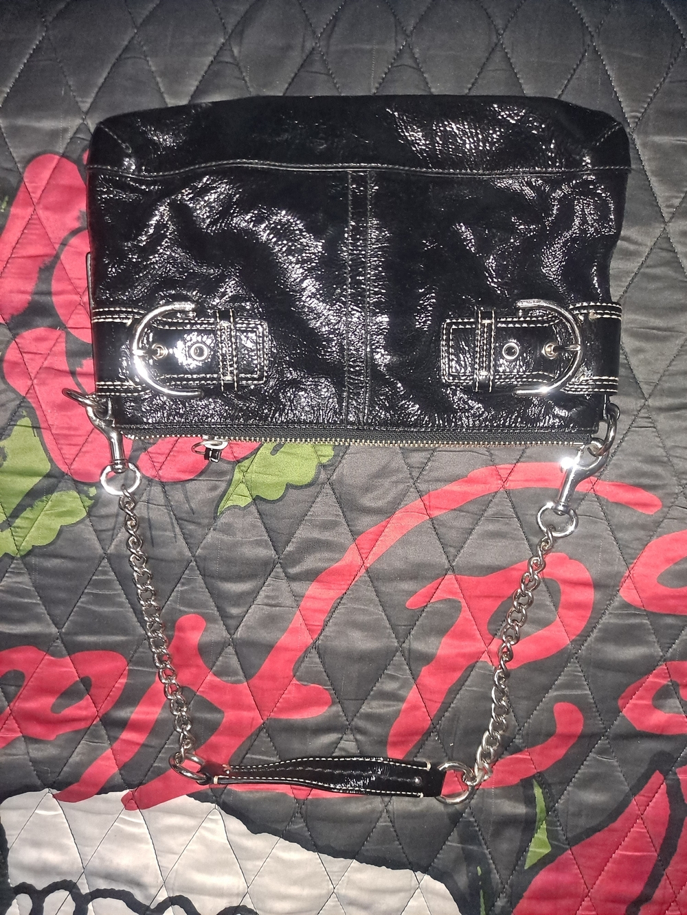 Black Patent Crossbody Bag with Silver Chain Details